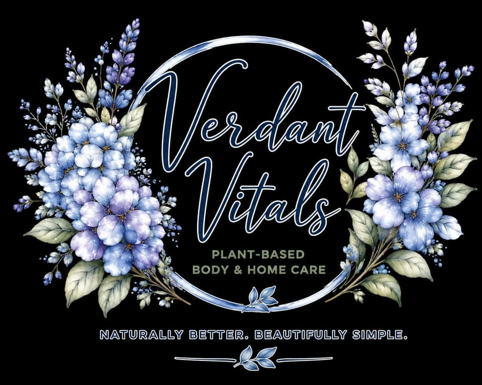 Verdant Vitals logo: plant-based body and home care, framed by blue and lavender flowers and sage leaves